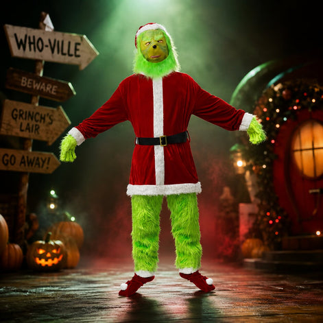 Weihnachtskostüm mit grüner Maske und rotem Oberteil – Festavello