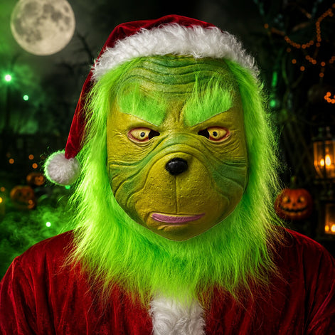 Weihnachtskostüm mit grüner Maske und rotem Oberteil – Festavello