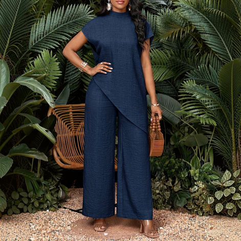 Damen Zweiteiler mit Rundhalsshirt und High-Waist Wide-Leg-Hose – Mirelva