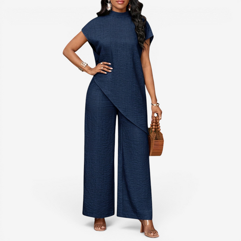 Damen Zweiteiler mit Rundhalsshirt und High-Waist Wide-Leg-Hose – Mirelva