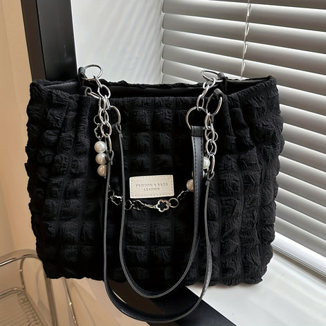 Bellevo Plaid Canvas Tote Bag – Karierte Schultertasche mit Reißverschluss