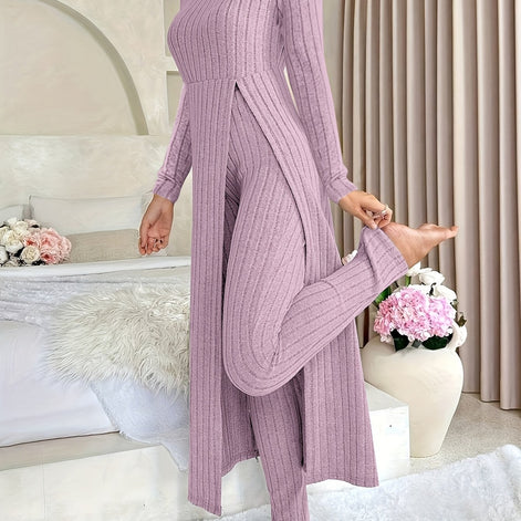 Plaid Zweiteiler – Rundhals-Top mit Schlitz & passende Hose