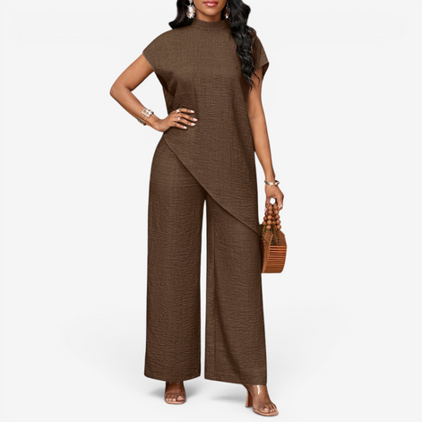 Damen Zweiteiler mit Rundhalsshirt und High-Waist Wide-Leg-Hose – Mirelva