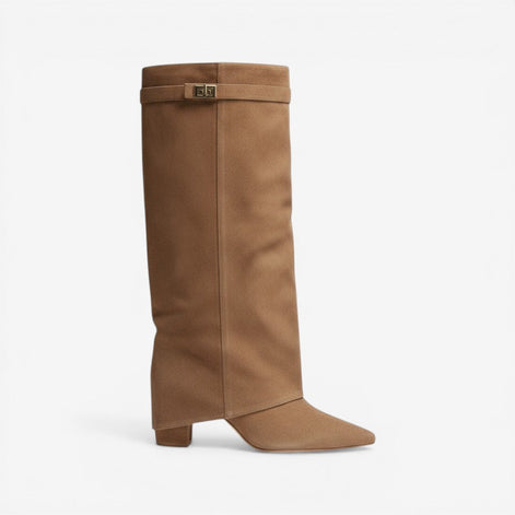 Velmira Stiefel – Damen kniehohe Stiefel mit Blockabsatz und Wildlederoberfläche