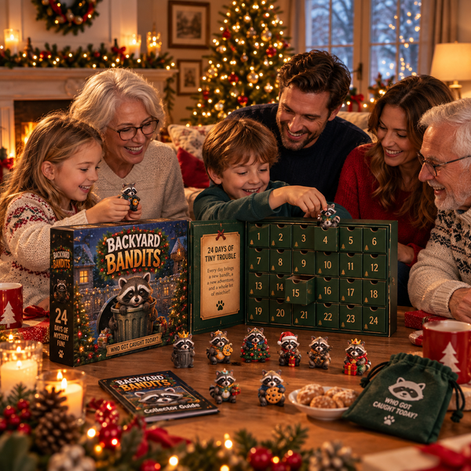 Waschbär Adventskalender aus Acryl mit weihnachtlichen 2D-Motiven – Raconiva