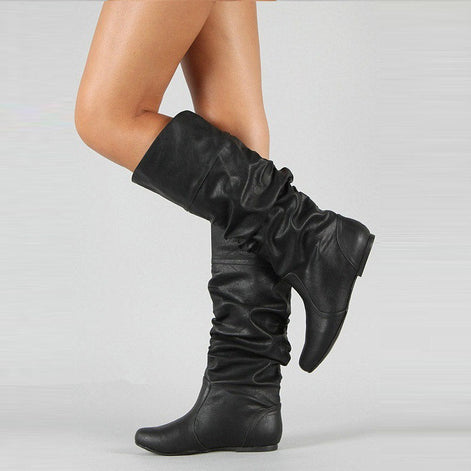 Damen Langschaftstiefel mit Raffung und niedrigem Absatz Elvarenne