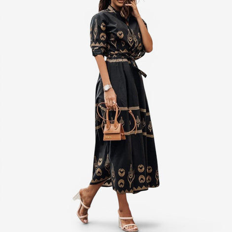 Lunarelle Damen Midikleid mit Print und Bindegürtel