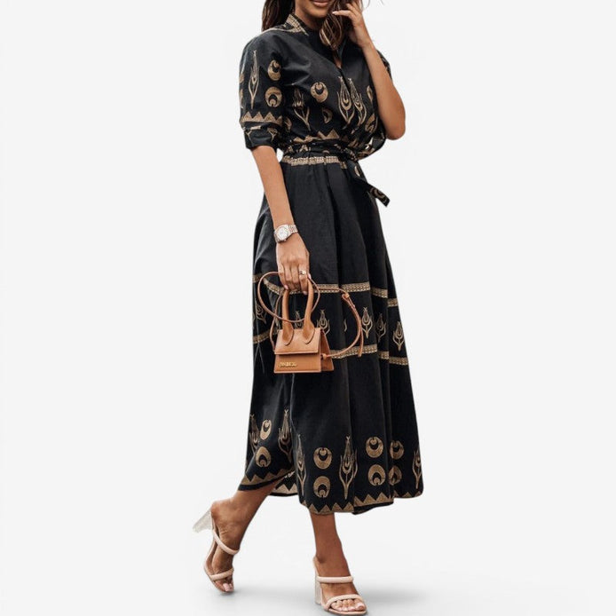Lunarelle Damen Midikleid mit Print und Bindegürtel