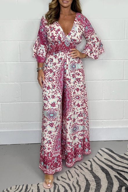 Vireluna Langarm Jumpsuit mit V-Ausschnitt