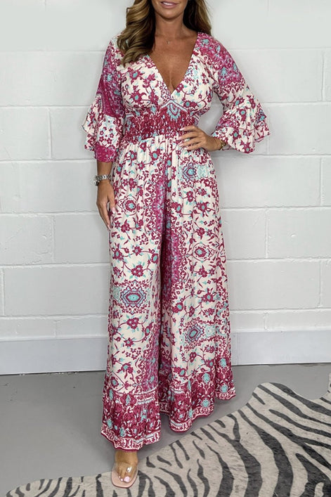 Vireluna Langarm Jumpsuit mit V-Ausschnitt