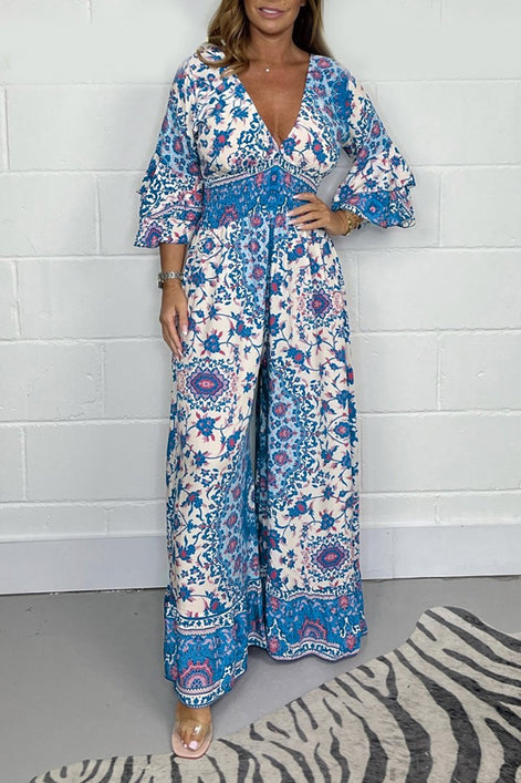 Vireluna Langarm Jumpsuit mit V-Ausschnitt