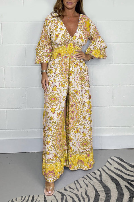 Vireluna Langarm Jumpsuit mit V-Ausschnitt
