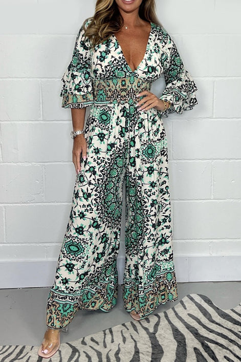 Vireluna Langarm Jumpsuit mit V-Ausschnitt