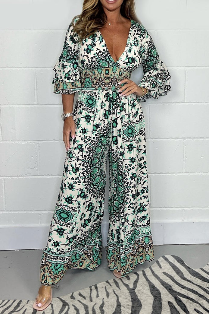 Vireluna Langarm Jumpsuit mit V-Ausschnitt