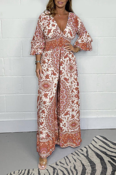 Vireluna Langarm Jumpsuit mit V-Ausschnitt