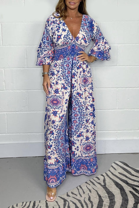 Vireluna Langarm Jumpsuit mit V-Ausschnitt
