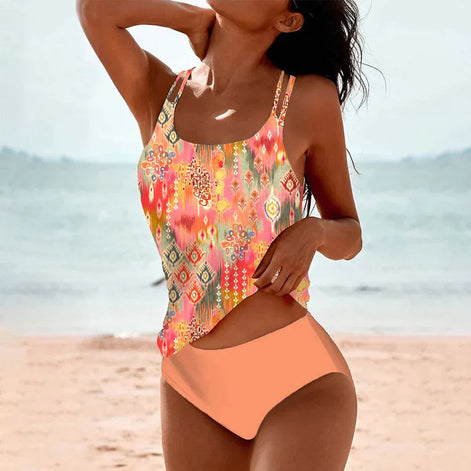 Marvessa Damen Tankini mit Print und einfarbiger Bikinihose