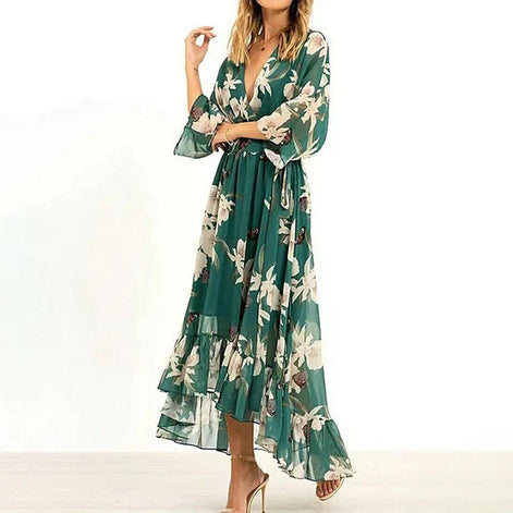 Velmira Maxikleid mit Blumenmuster und V-Ausschnitt – langärmeliges Kleid in A-Linien-Form