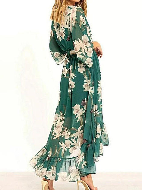 Velmira Maxikleid mit Blumenmuster und V-Ausschnitt – langärmeliges Kleid in A-Linien-Form