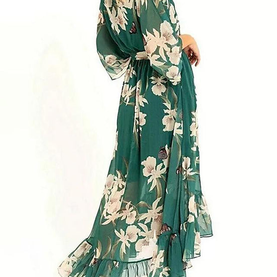 Velmira Maxikleid mit Blumenmuster und V-Ausschnitt – langärmeliges Kleid in A-Linien-Form