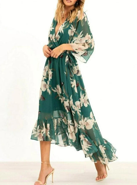 Velmira Maxikleid mit Blumenmuster und V-Ausschnitt – langärmeliges Kleid in A-Linien-Form