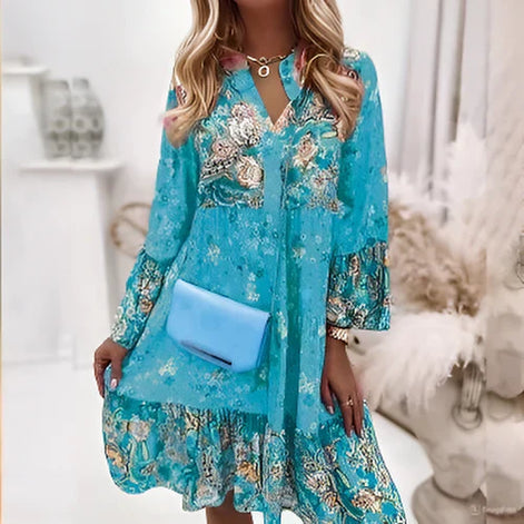 Florique Langärmelige Damenkleid mit durchgehendem Blumenprint