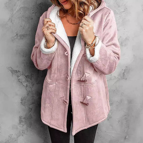 Damen Mantel mit Kapuze, Fleecefutter und Wildlederoptik – Suvelina