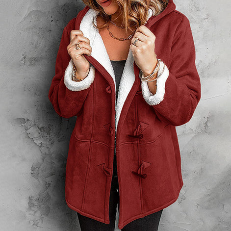 Damen Mantel mit Kapuze, Fleecefutter und Wildlederoptik – Suvelina