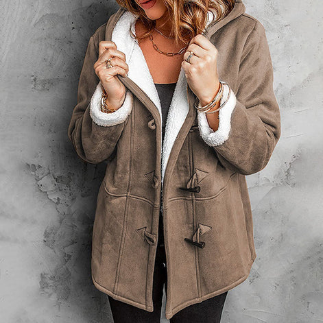 Damen Mantel mit Kapuze, Fleecefutter und Wildlederoptik – Suvelina