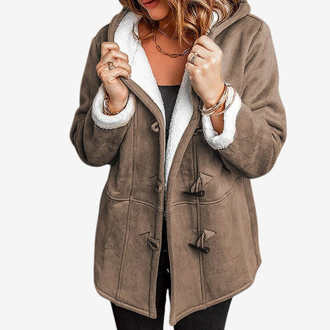 Damen Mantel mit Kapuze, Fleecefutter und Wildlederoptik – Suvelina