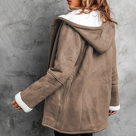 Damen Mantel mit Kapuze, Fleecefutter und Wildlederoptik – Suvelina