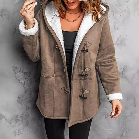 Damen Mantel mit Kapuze, Fleecefutter und Wildlederoptik – Suvelina
